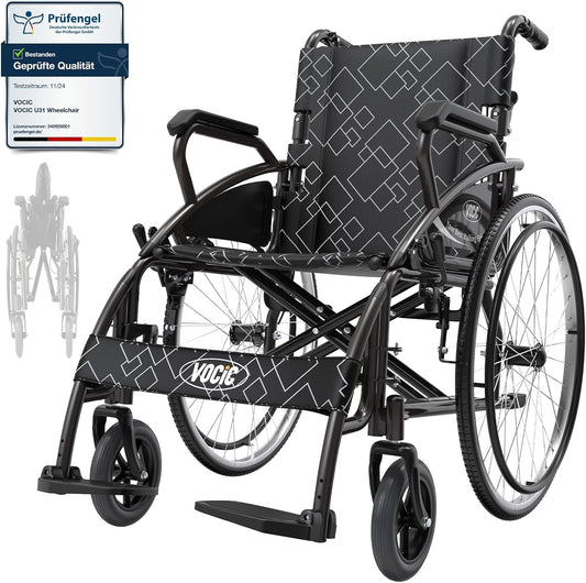 VOCIC U31 Rolstoel, licht, 150 kg, aluminium rolstoel, 17,5 kg, dubbele rem, rolstoel voor senioren, solide banden, 60 cm voor alle vloeren, grijs