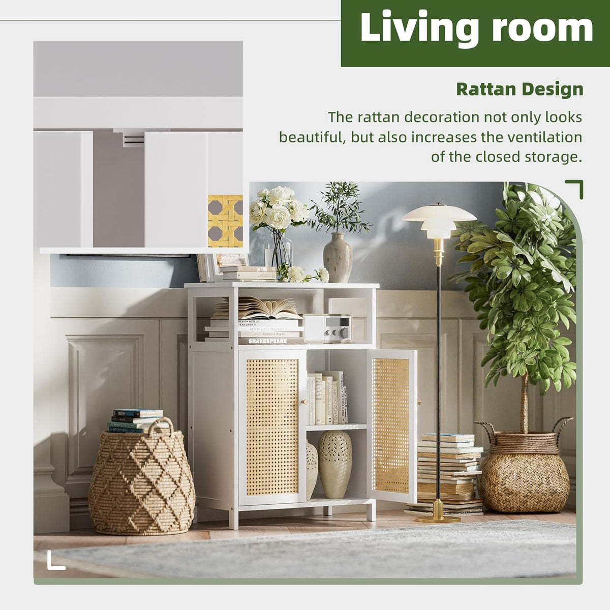 Bathroom Floor Stand Cabinet, Bamboo Storage Organizer Table with 2 Rattan Doors and 1 Shelf, Wooden Side Cabinet for Hallway, Laundry, Kitchen, Living Room (White)