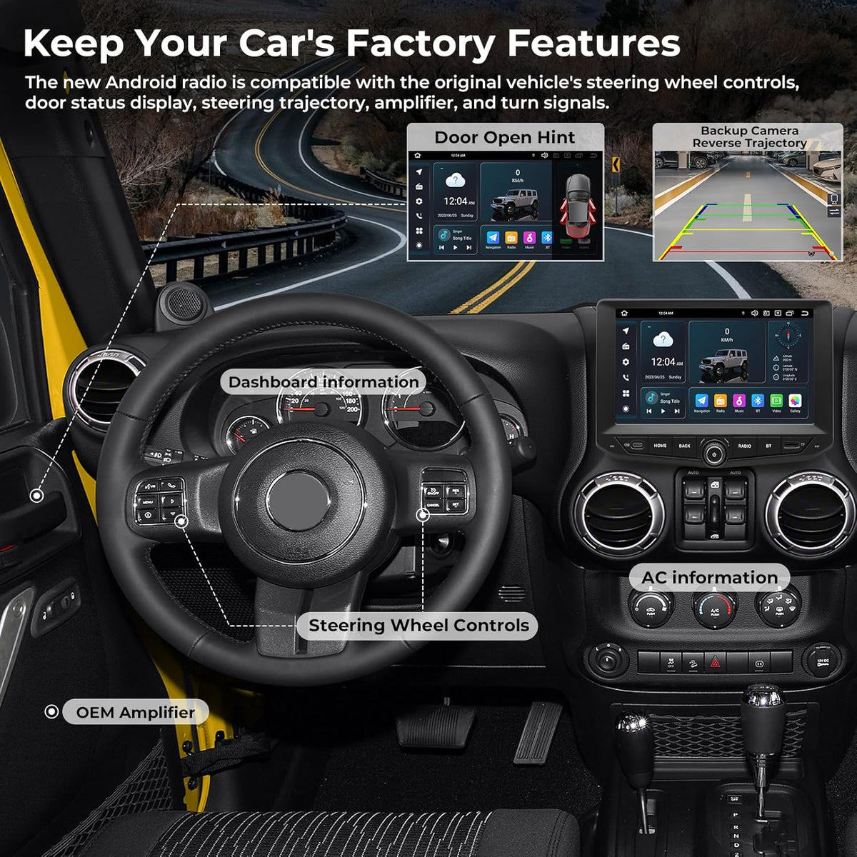 SWTNVIN 9 inch autoradio voor Jeep Wrangler JK 2011 2012 2013 2014 2015 2016 2017, Android 14 GPS 1280x720P IPS QLED-scherm, CarPlay & Android Auto, 4G LTE/5G WiFi, DTS, Octa-Core 4 + 6 GB