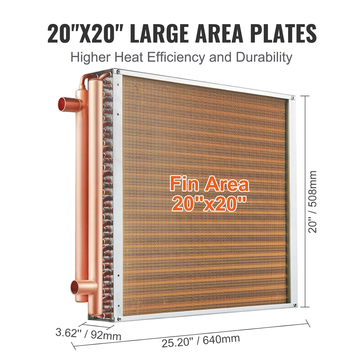 VEVOR Warmtewisselaar van water naar lucht, 20 "x 20" met 3-rij 3/8" koperen poorten, 242 aluminium vinnen warmtewisselaar voor houtovens buiten, woonverwarming en koeling, en geforceerde