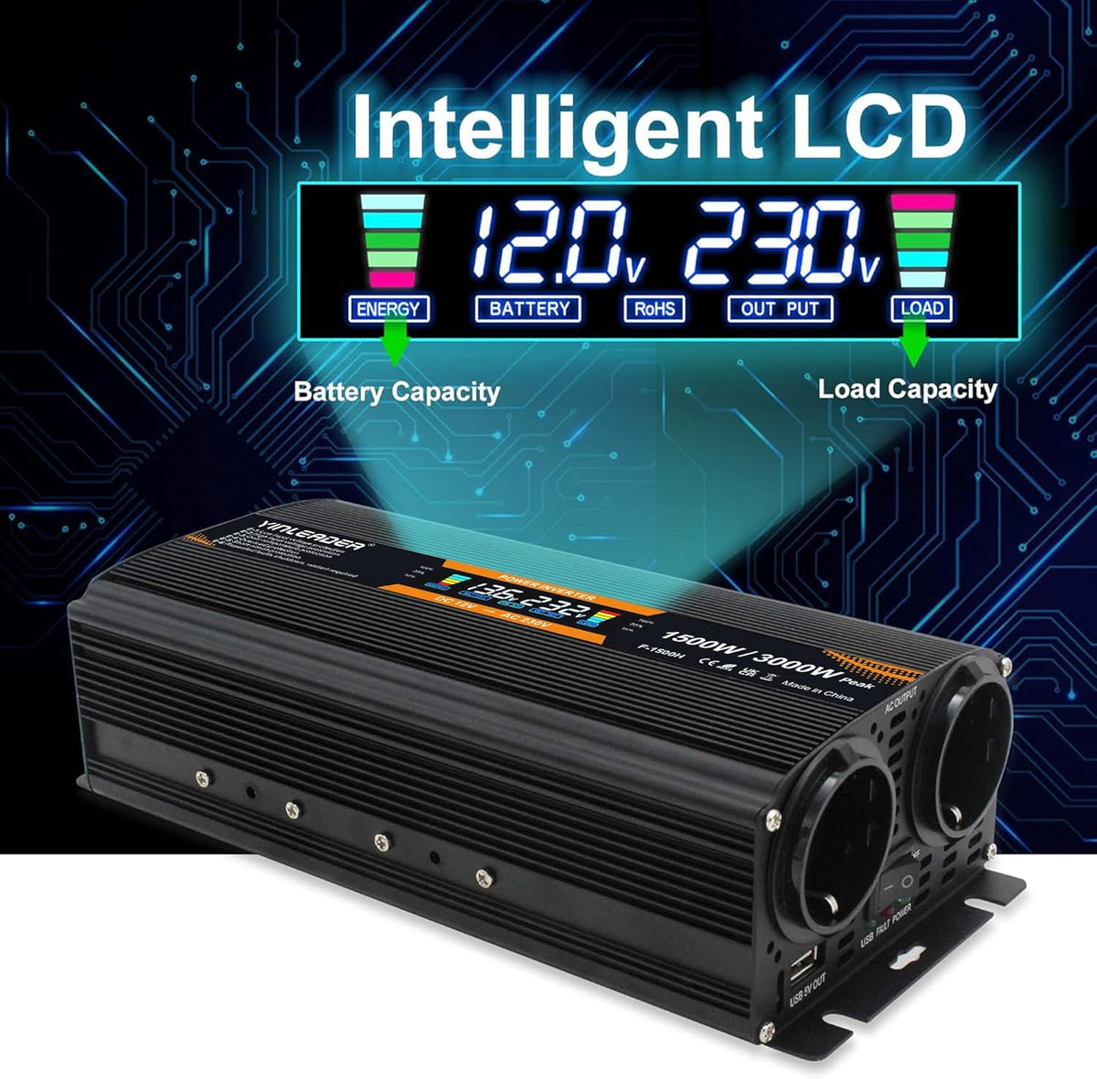 Yinleader converter 12v 220v 1500W /3000W Spanning Converter met USB LCD-scherm