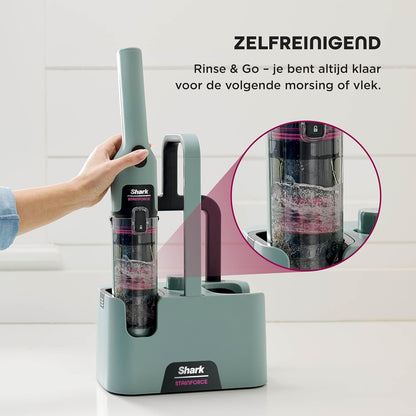 Shark StainForce snoerloze vlekkenverwijderaar, lichtgewicht en draagbare vlekkenverwijderaar voor tapijten, bekleding, trappen, auto's, met opvangbak, accessoires en 2x reinigingsoplossing, HX100EUCP