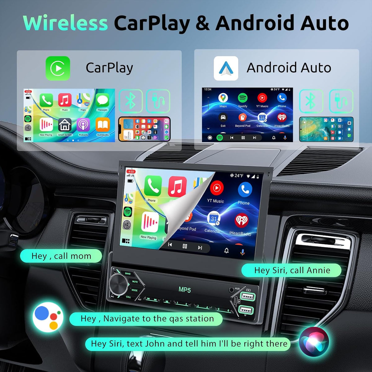 Autoradio, 1 Din met draadloze Carplay Android auto, 7 inch IPS HD, handmatige flip-touchscreen-radio, ondersteuning Bluetooth Link spiegel, DAB FM 2 USB Type-C stuurwielbedieningselementen