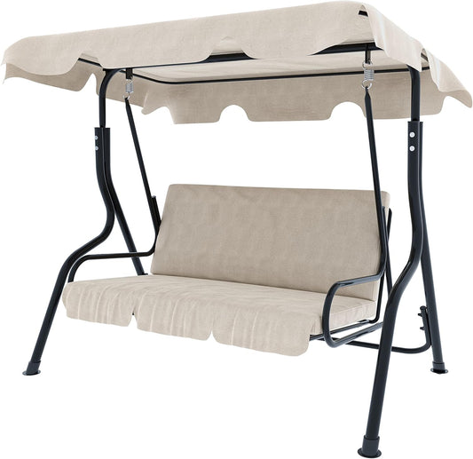 Schommelbank 3-zits met verstelbaar zonnedak, gevoerd kussen, robuust frame van gelakt staal, voor buiten, tuin, balkon, terras, zwembad, 170 x 110 x 153 cm (beige)