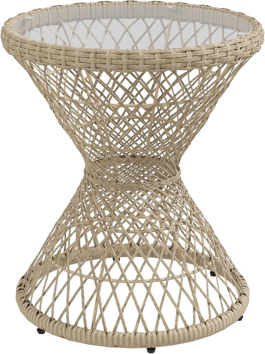 Tuintafel - Tuintafel Rond - Bijzettafeltje - Rotan Tuinmeubel - Bistrotafel - Salontafel - met UV-bescherming - Boho-Stijl - Veiligheidsglas Tafelblad - voor Terras - Tuin - Balkon - Ø45 x 52 cm - Bruin