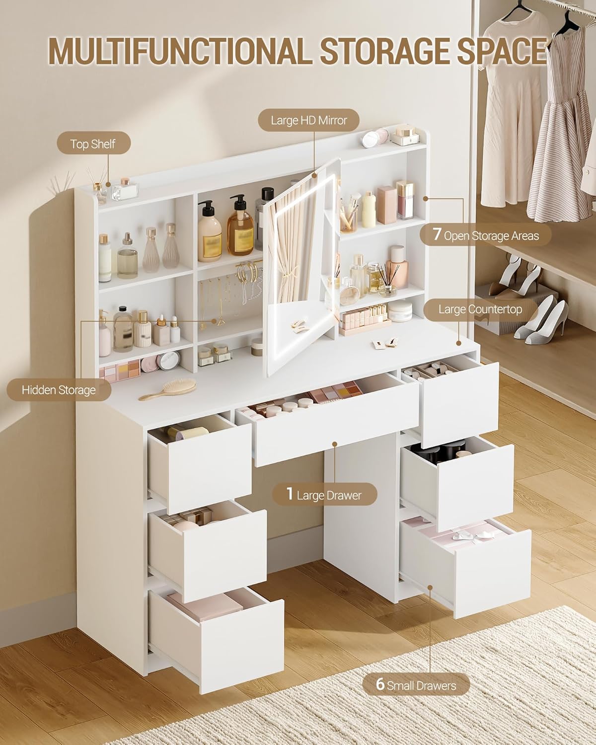 Hzuaneri Dressing Table with Lighting, Dressing Table with Large LED Mirror, Adjustable Brightness, with 7 Drawers, 4 Shelves for Bedroom, Storage Space Behind the Mirror, White DT43203XEU