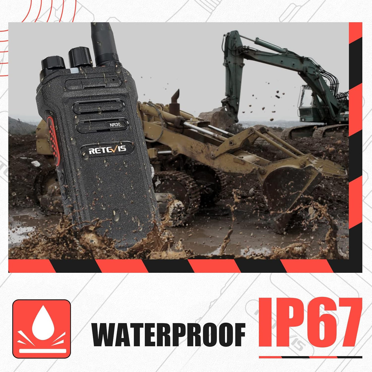 Retevis NR630 Walkie Talkie voor Volwassenen, Lange Afstand, IP67 Waterdichte 2-Weg Radio, Ruisonderdrukking, Groepsoproep, 2800mAh Oplaadbare Walkietalkie voor Bouwplaats, Aannemer (Zwart, 3 Stuks)