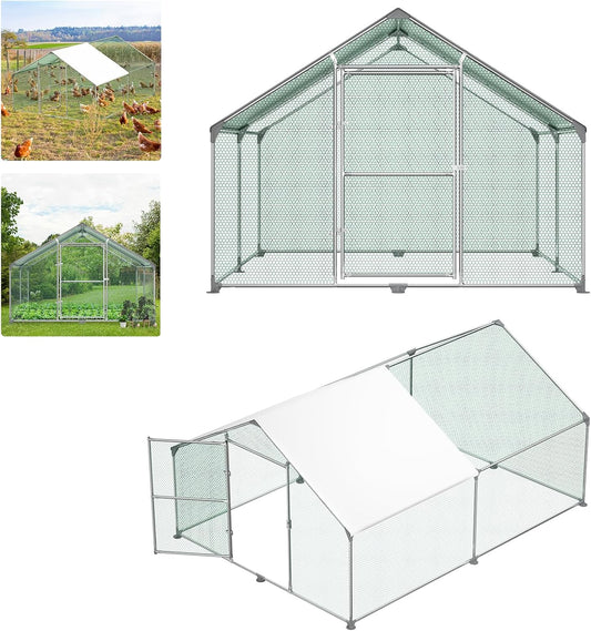 Large metal chicken coop chickens run walk-in poultrie cage with waterproof cover for outdoor chickens, duck coops and rabbit runs 3 x 4 x 2m - QUORE