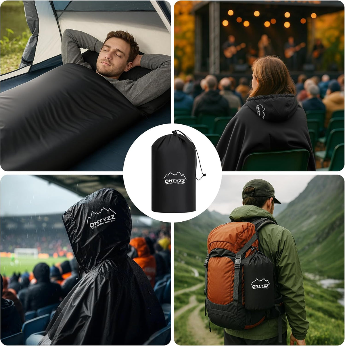 Picknickdeken, 150 x 200 cm, campingdeken, ultralicht, warm, outdoor deken, waterdichte slaapdeken met Crystal Velvet voering, draagbare slaapzak, winddichte poncho voor reizen, stadion, concerten