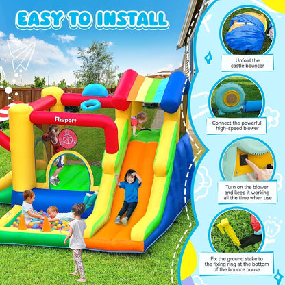 FBSPORT Opblaasbaar slot voor kinderen met dubbele glijbaan, trampoline, ballenbad, balwerper, klimwand en basketbalmand, voor binnen en buiten, 322 x 305 x 208 cm