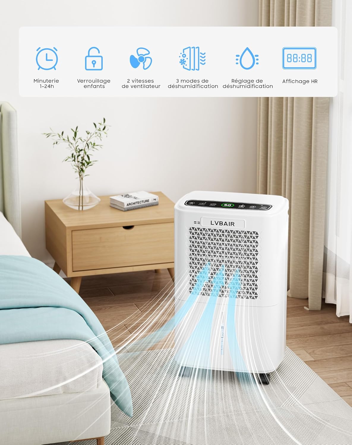 Luchtontvochtiger, 12 l/dag, krachtige elektrische luchtontvochtiger, energiebesparend, draagbaar, 3 modi en intelligente vochtcontrole, elektrische luchtontvochtiger