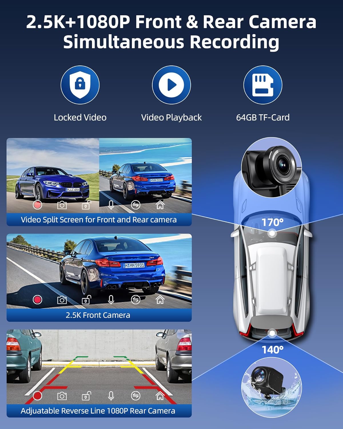 Draadloos Apple Carplay Display – Android Auto Scherm – Auto Infotainmentsysteem – Touchscreen Navigatie – Dashcam Voor en Achter – 10,26 Inch HD IPS – 2,5K Frontcamera & 1080p Achteruitrijcamera – Bluetooth 5.0 & 64GB TF-kaart