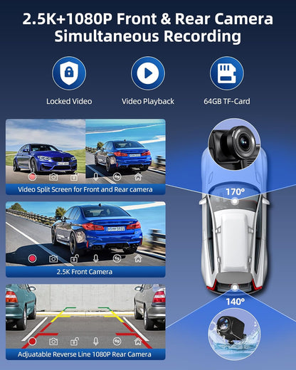 Draadloos Apple Carplay Display – Android Auto Scherm – Auto Infotainmentsysteem – Touchscreen Navigatie – Dashcam Voor en Achter – 10,26 Inch HD IPS – 2,5K Frontcamera & 1080p Achteruitrijcamera – Bluetooth 5.0 & 64GB TF-kaart
