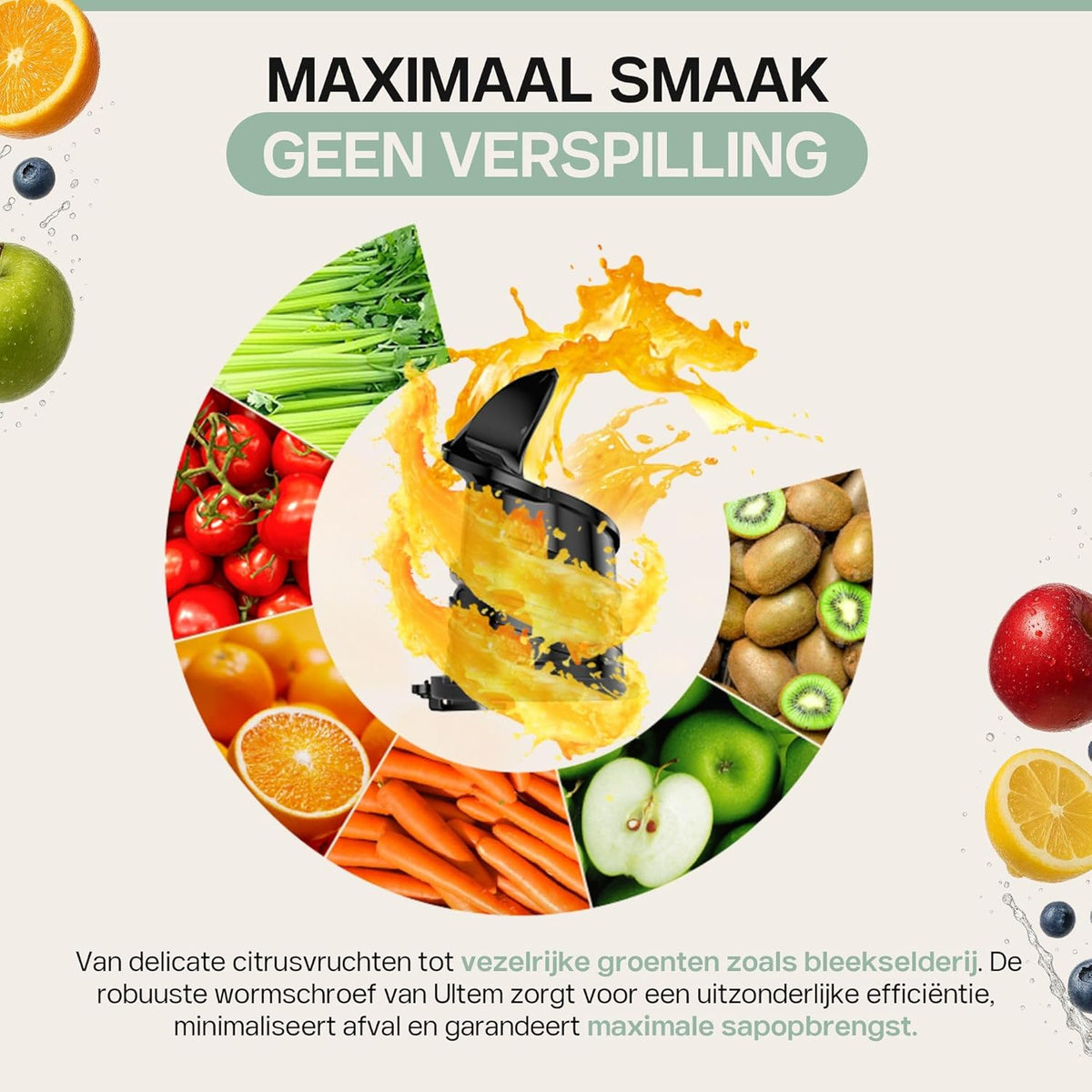 4SWISS Slow Juicer met Grote Opening van 135 mm, Cold Press Juicer Machine 0,5L, Sapcentrifuge met 37 tpm voor het Behoud van Voedingsstoffen, Sapmaker Sap Pers Makkelijk Schoon (WB025)