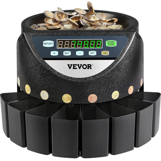 VEVOR Professionele euromuntenteller, 220 V, 300 munten per minuut, muntsorteerder, 7-cijferig led-display, munttelmachine met 8 zeer nauwkeurige verzameldozen