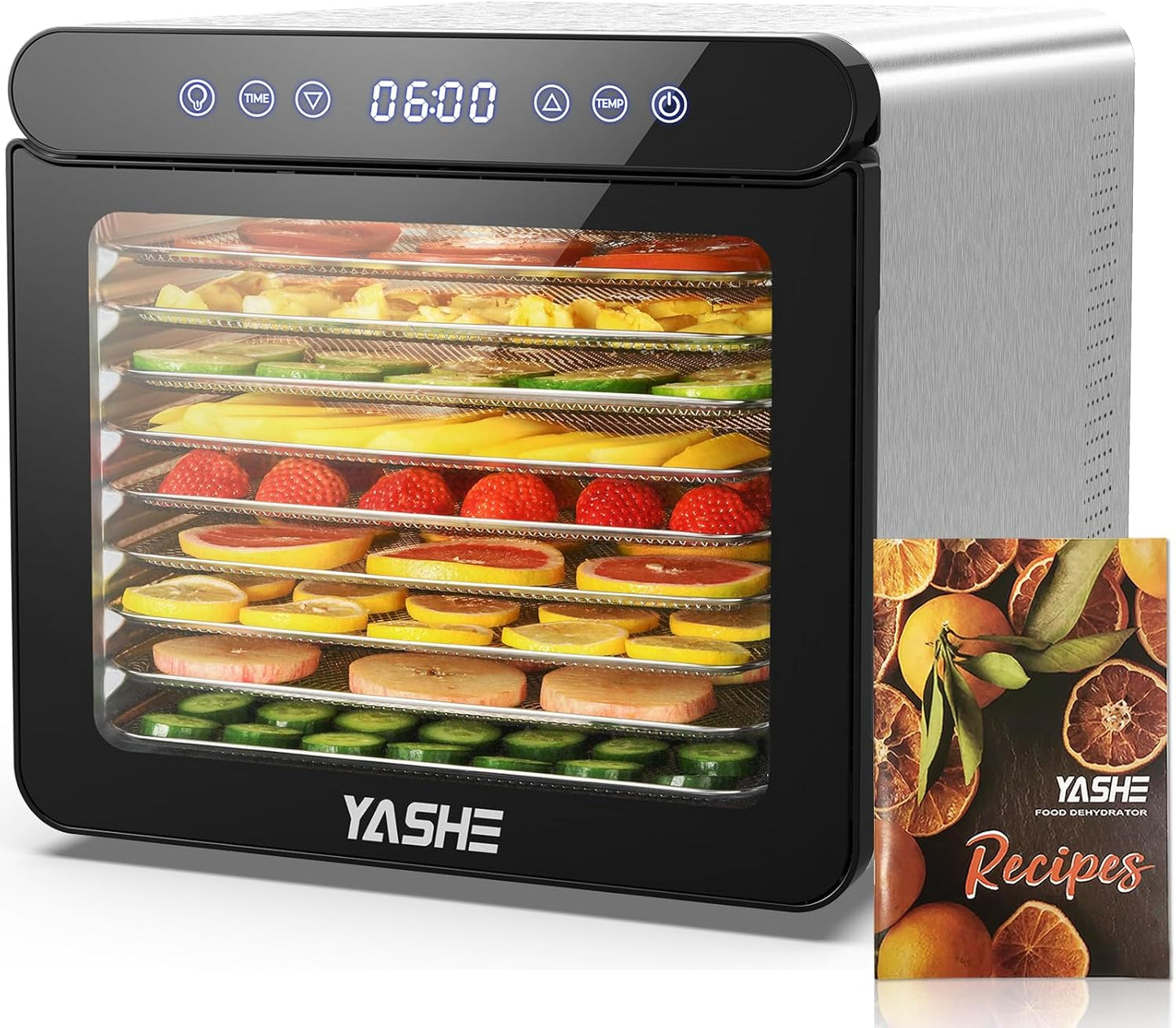 YASHE Roestvrijstalen droogautomaat met digitale besturing (temperatuur tot 75 °C, timer tot 48 uur), 9 plateaus voor groenten en fruit, ventilator aan de achterkant voor 360° luchtcirculatie, 800 W