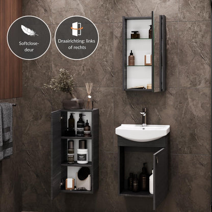 Planetmöbel bathroom cabinet set Washbasin with vanity unit 45 x 60 x 33 cm with mirror cabinet 40 cm, midi cabinet for bathroom & guest toilet, anthracite - QUORE
