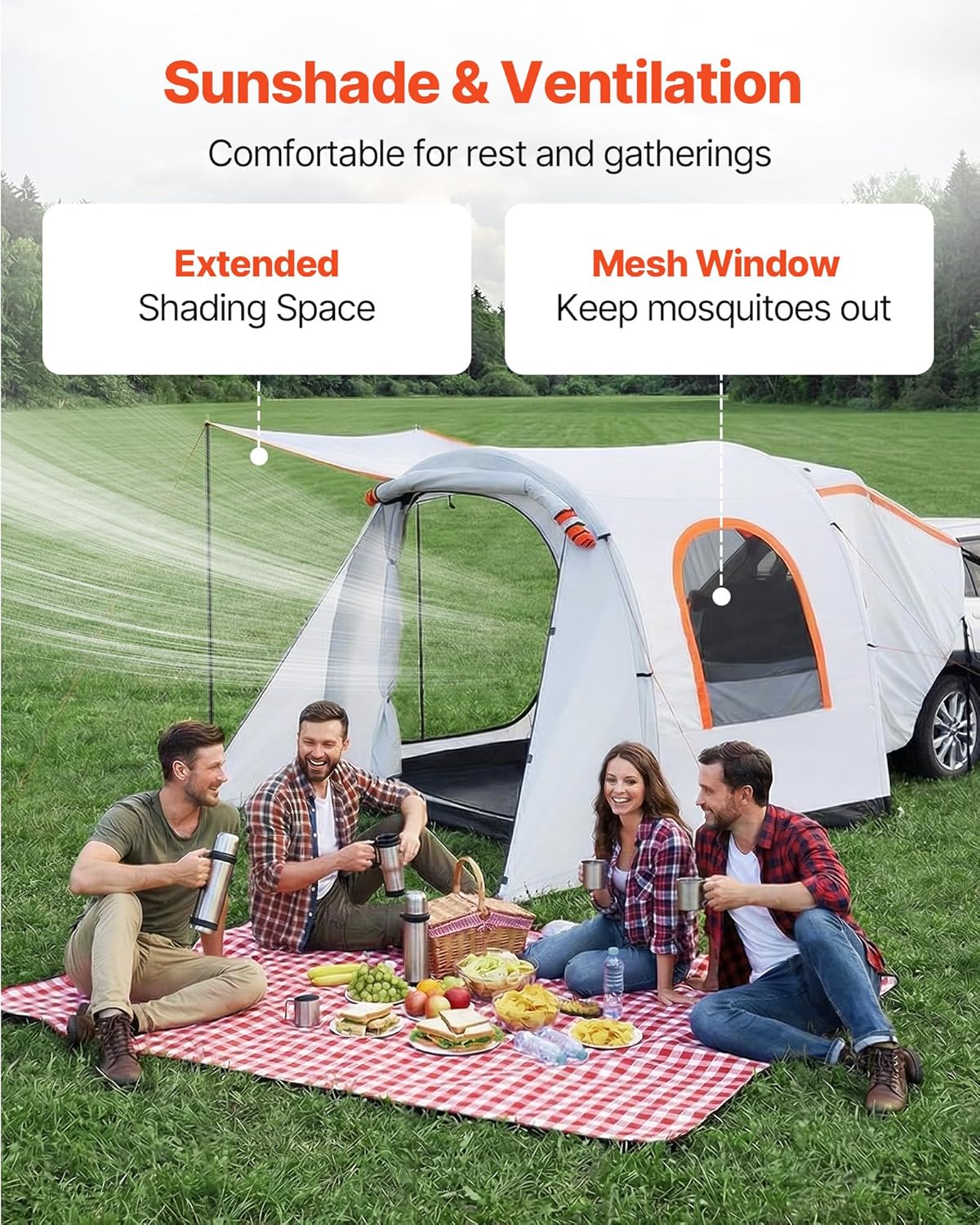 VEVOR Opblaasbare achterkleptent, autotent (2042+1020) x 2438 x 2020 mm, waterdicht (PU2000 mm), campingtent met geventileerde deuren en muggennetten, UV-achtertent voor kamperen, wandelen, incl