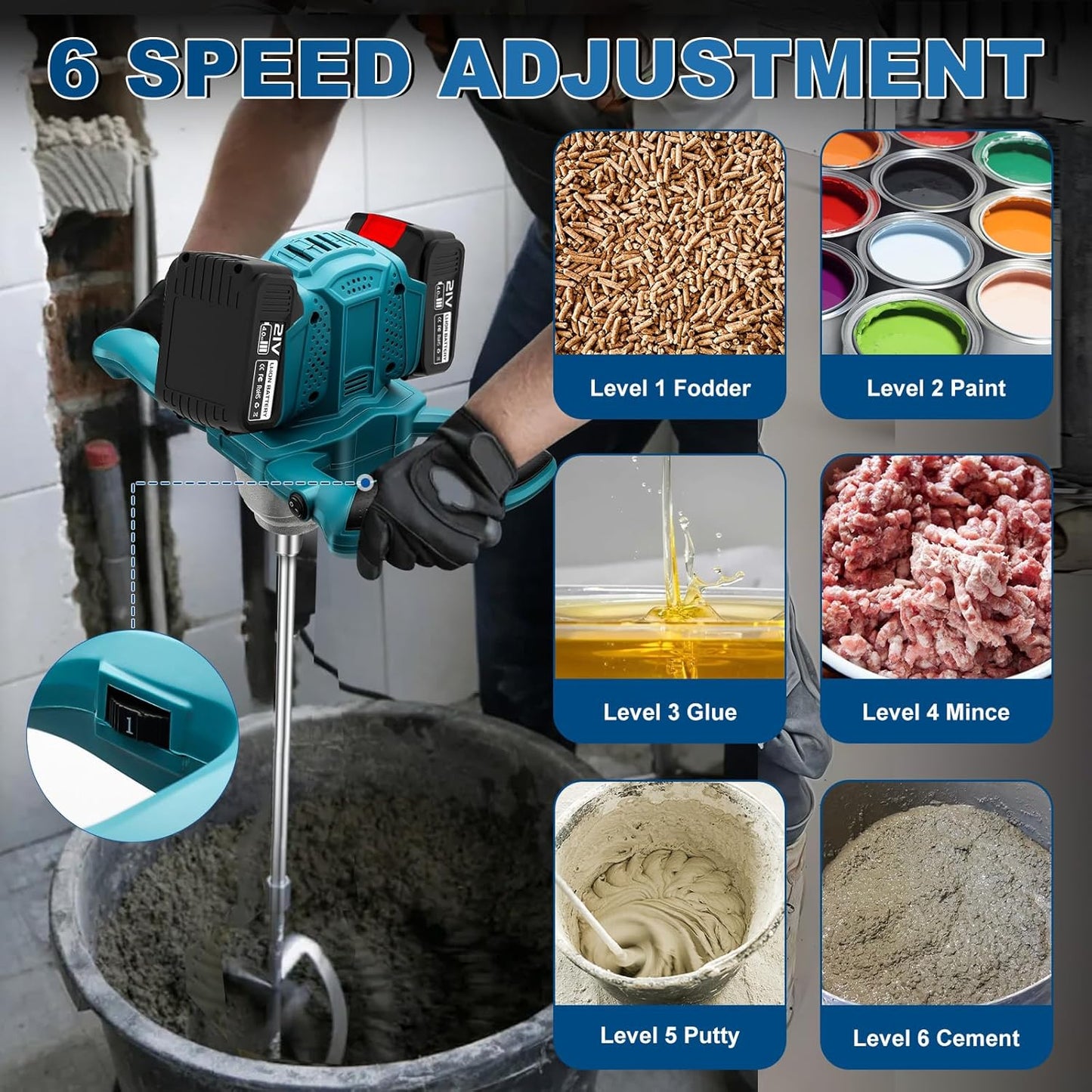 Accu-kleurmortelmixer met 2 batterijen, kleurmortelmixer, 1200 W roerwerk, 6 versnellingen, cementmixer, vergrendelbare schakelaar, ergonomisch, industriële mixer voor verf, gips, cement, mortel