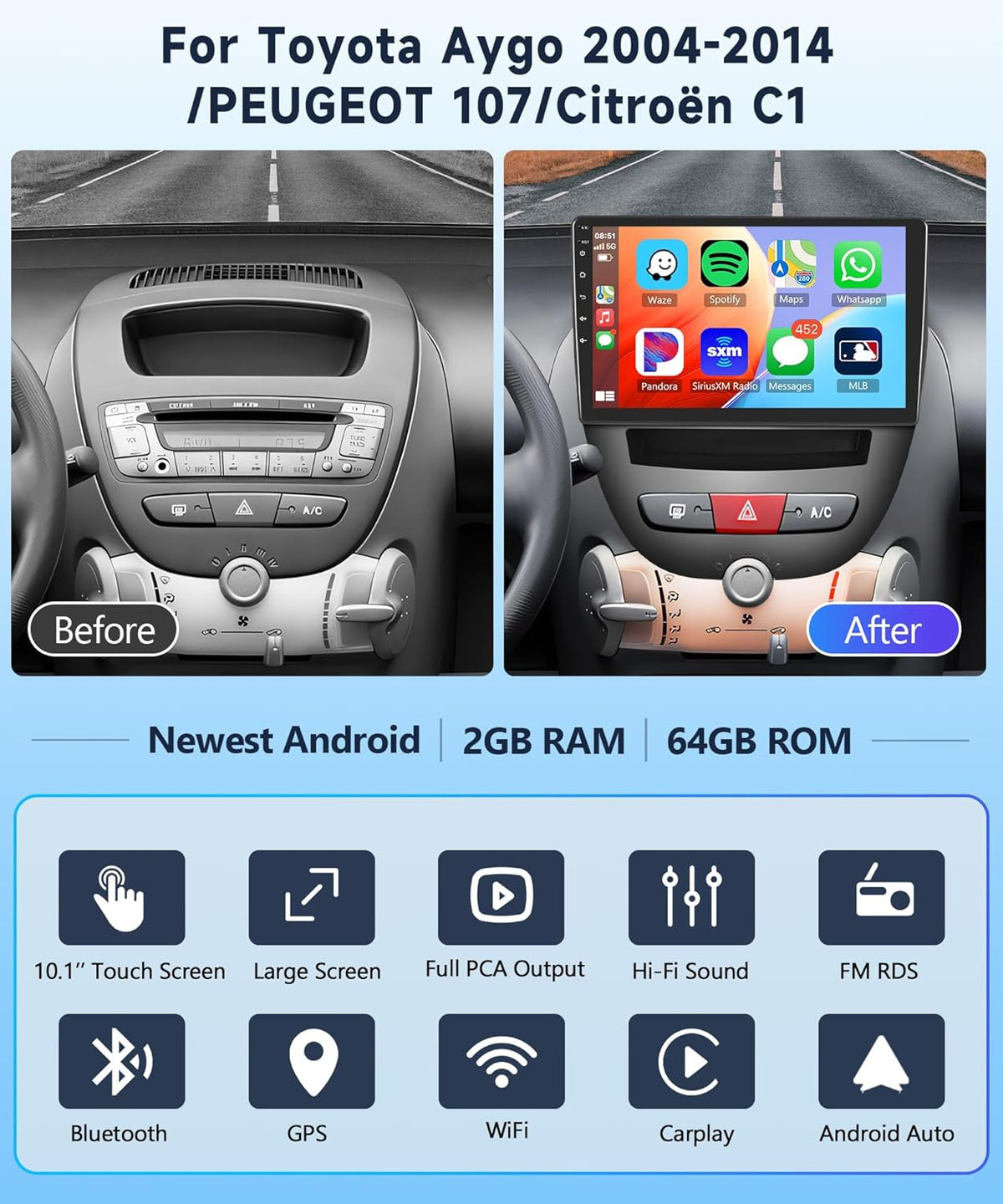 2+64G 10" Wireless Carplay Android Auto Android autoradio voor Toyota Aygo/Peugeot 107/Citroen C1 2004-2014 met touchscreen met Bluetooth HiFi/RDS/FM-radio + Navi/AHD achteruitrijcamera/CANBUS