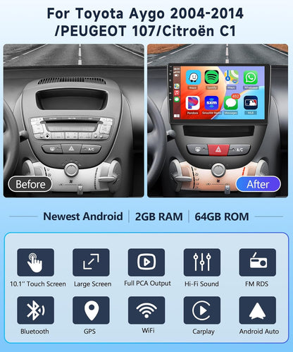 2+64G 10" Wireless Carplay Android Auto Android autoradio voor Toyota Aygo/Peugeot 107/Citroen C1 2004-2014 met touchscreen met Bluetooth HiFi/RDS/FM-radio + Navi/AHD achteruitrijcamera/CANBUS