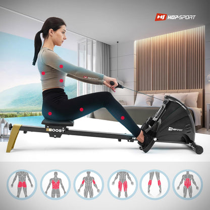Hop-Sport Magnetic Rower HS-030R Boost, 10 Levels Of Silent Magnetic Resistance, Flywheel 9kg, Indoor Foldable Rowing Machine, LCD Monitor and Transport Wheels, for Home Use, max. 120kg - QUORE