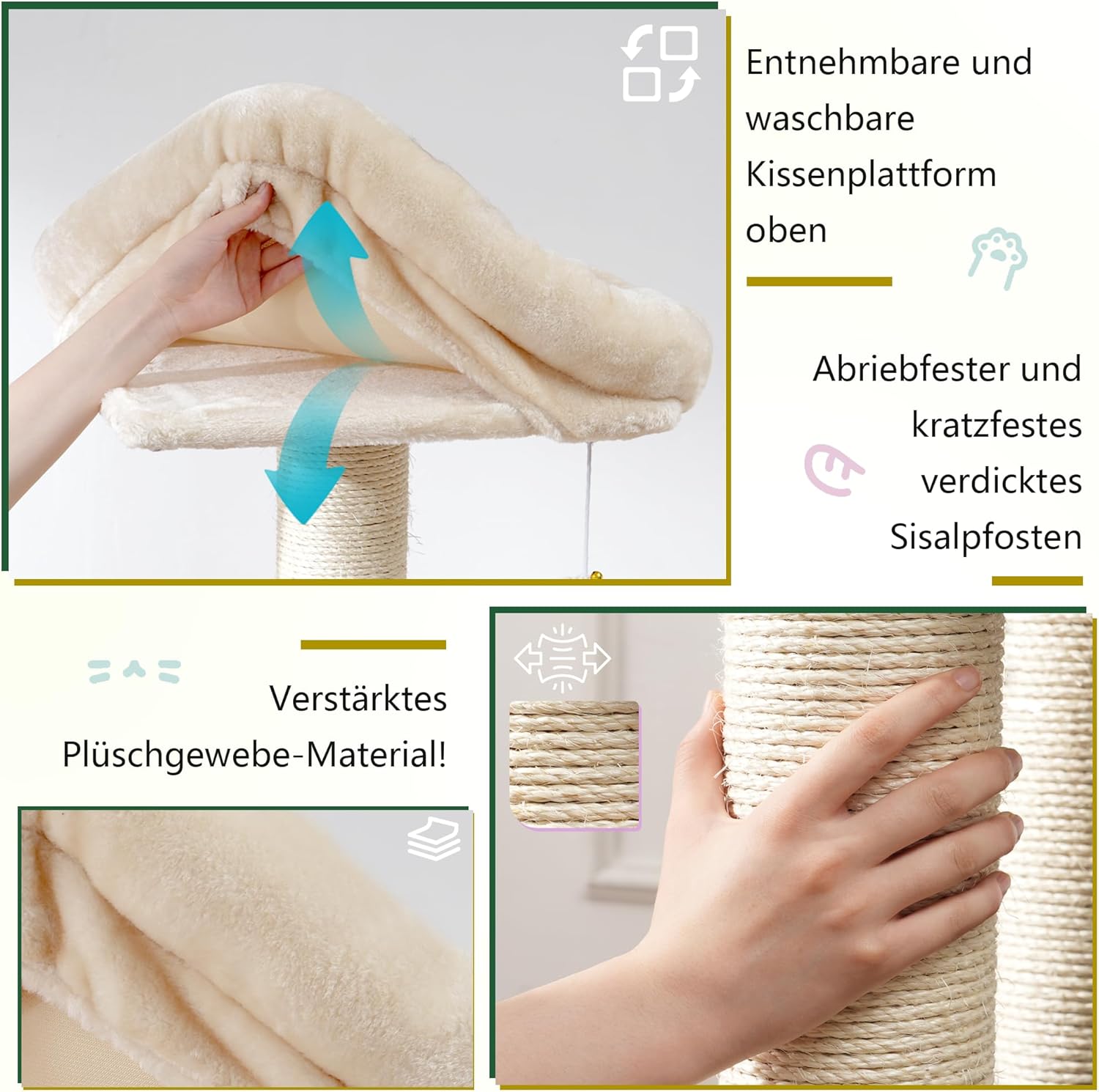 Krabpaal – Kattenboom – Kattenmeubel – Krabmeubel – Krabton – Extra Groot – 168 cm Hoog – 11 cm Sisal Palen – Grote Hangmatten – Beige - QUORE