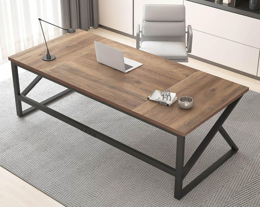 HSH Groot bureau voor thuiskantoor, modern houten metalen computerbureau voor twee personen, extra lang uitvoerend schrijven, studie, gaming dubbel bureau, werkstation, 70 inch rustieke slaapkamer