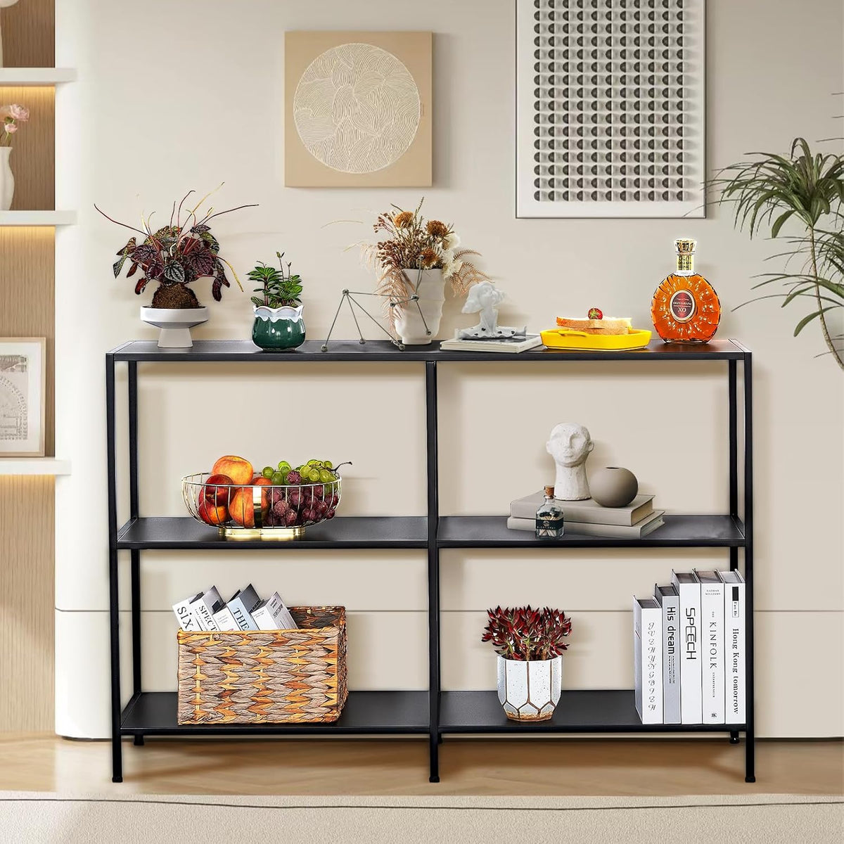HDANI Metalen consoletafel van 120 cm met 3 niveaus, smalle ingangstafel, moderne sofatafels voor entree, woonkamer, slaapkamer, zwart
