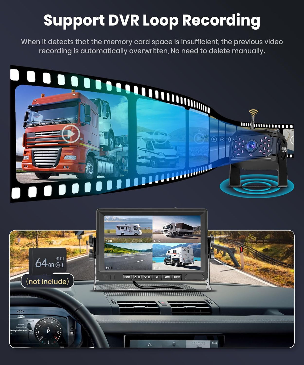 Podofo 4 * Draadloze achteruitrijcamera met 7 inch monitor, IP69 Achteruitrijcamera Waterdichte Groothoek Nachtzicht voor RV / Caravan/LKW, Video Looping, Handmatige Vergroting