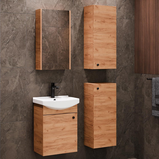 Planetmöbel bathroom cabinet set Washbasin with vanity unit 45 x 60 x 33 cm with mirror cabinet 40 cm, 2X midi cabinets for bathroom & guest toilet, gold oak - QUORE