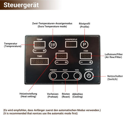 500g Elektrische koffiebrander – Ideaal voor thuisgebruik. Uitgerust met intelligente automatische functie, 9 vooraf ingestelde brandprofielen, handmatige modus, residuafzuigsysteem en koelfunctie