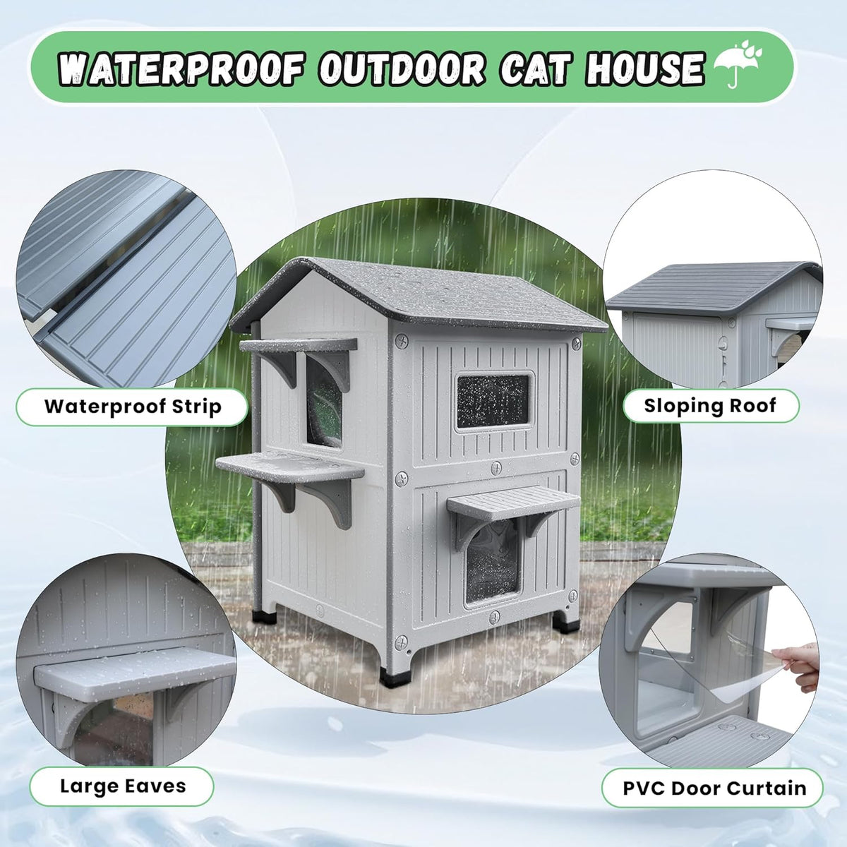 Kattenhok voor buiten, twee etages met balkon, kattenhuis met twee verdiepingen, weerbestendig kunststof, wild-kattenhok met vluchtdeur, wit