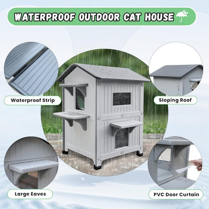 Kattenhok voor buiten, twee etages met balkon, kattenhuis met twee verdiepingen, weerbestendig kunststof, wild-kattenhok met vluchtdeur, wit
