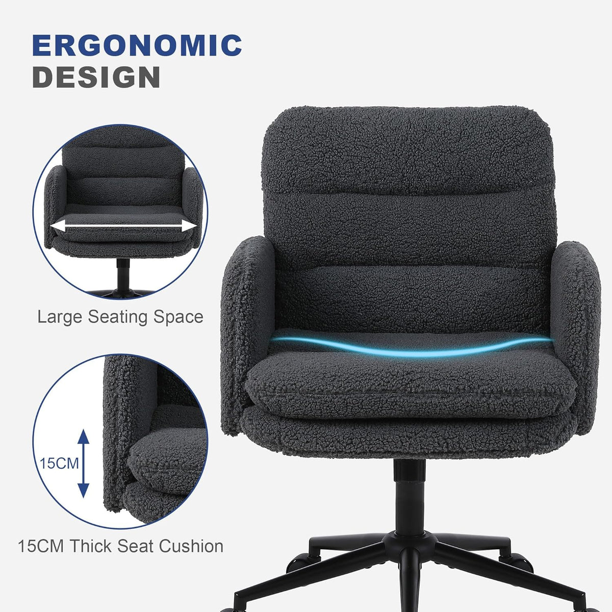 Youhauchair Bureaustoel, Imitatie Kasjmier Office Chair, Comfortabele Make-up Stoel met Verstelbare Hoogte, Ergonomic Chair Bureaustoelen voor Thuis en Slaapkamer, Donkergrijs