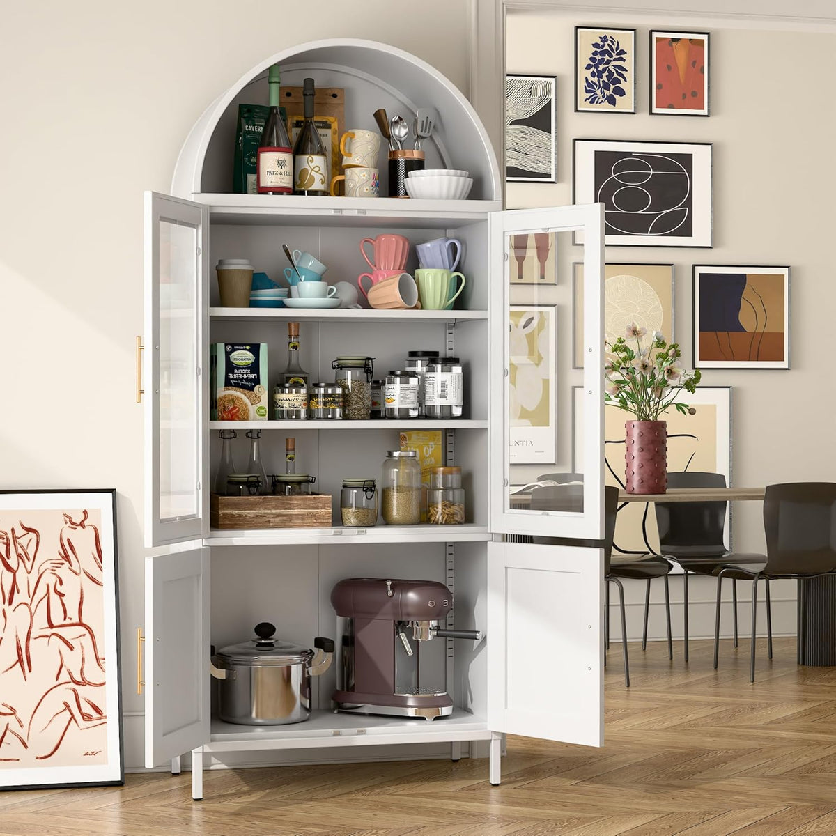 SUPEER Vitrinekast van metaal, dressoir, staande kast met gebogen dak, vitrinekast, keukenkast met 2 glazen deuren en 2 metalen deuren, glazen vitrinekast voor woonkamer, slaapkamer, 185 x 80 x 40 cm