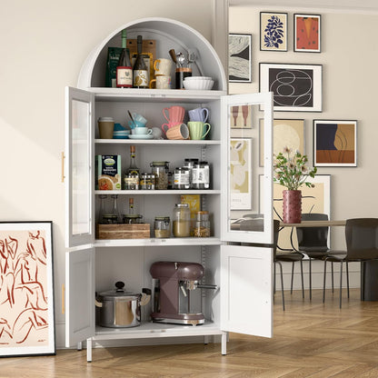 SUPEER Vitrinekast van metaal, dressoir, staande kast met gebogen dak, vitrinekast, keukenkast met 2 glazen deuren en 2 metalen deuren, glazen vitrinekast voor woonkamer, slaapkamer, 185 x 80 x 40 cm