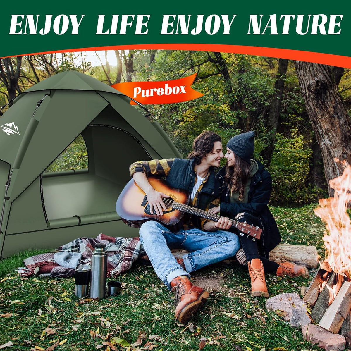Purebox Campingtenten, Instant pop-up tent voor 2-3 personen, 2-in-1 dubbellaagse tenten, waterdichte en winddichte koepeltent met afneembaar buitentzeil, geschikt voor wandelen, buitenactiviteiten,