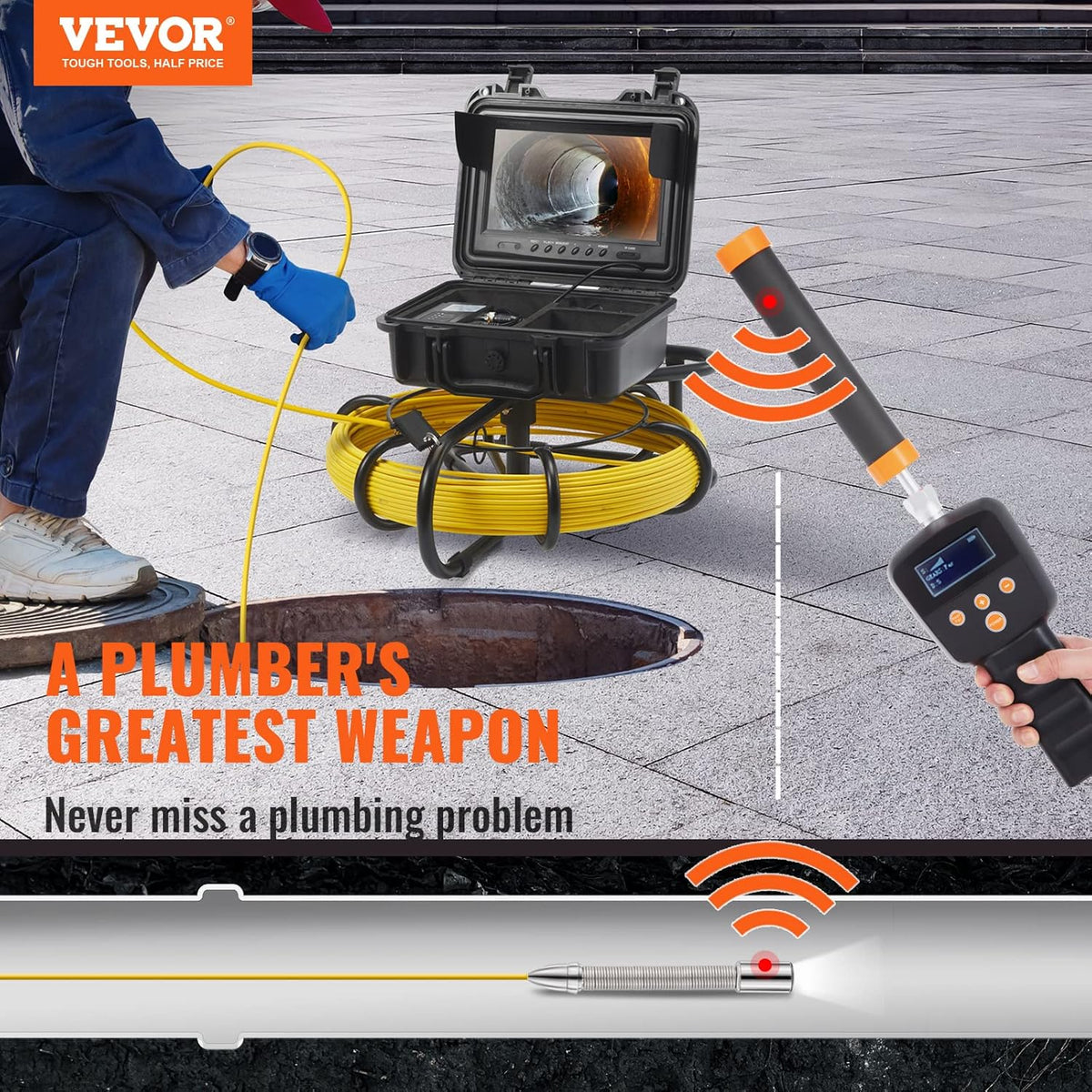 VEVOR Inspectiecamera, 9 inch, 50 m, buiscamera, 720p, kanaalcamera, 512 Hz, endoscoopcamera, 12 V, 4500 mAh lithiumbatterij, 6 uur, buisinspectiecamera, IP68, voor rioleringen, rioleringen,