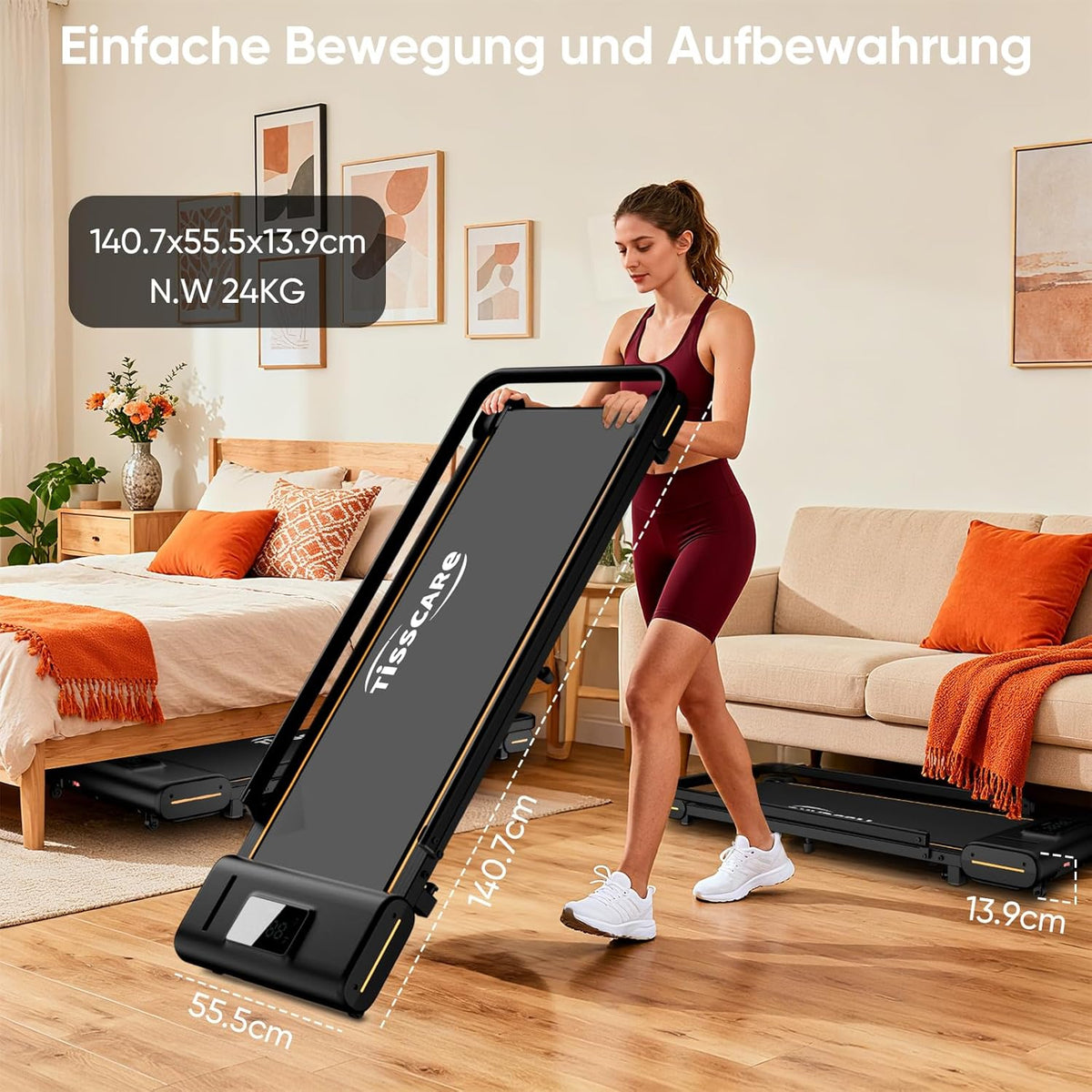 TISSCARE Treadmill for home and office, quiet walking path with improved tread 141.5 cm and 55.5 cm, 4% inclination function, 1-6 km/h, LED display, 130 kg load capacity, foldable treadmill with - QUORE