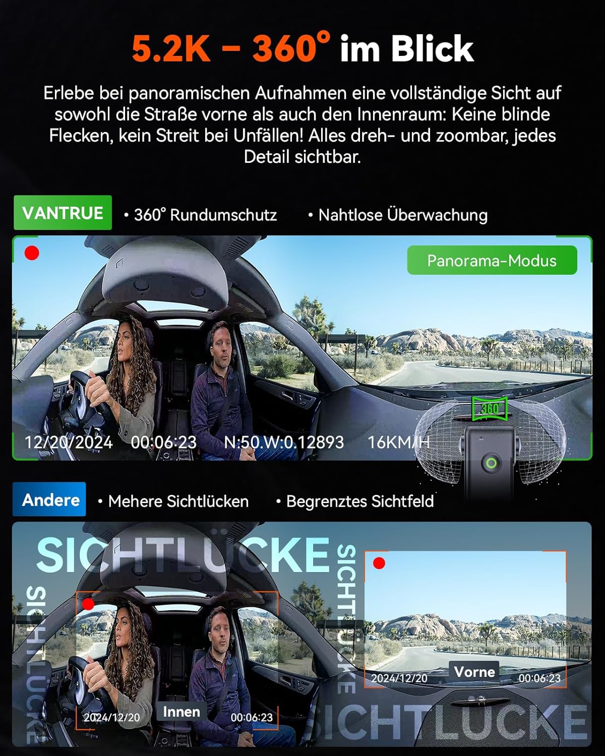 VANTRUE E360 tweekanaals 5.2K panoramische rijrecorder auto achter WiFi, dubbel STARVIS 2 HDR nachtzicht, GPS, bufferparkeermodus, maximaal 512 GB