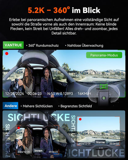 VANTRUE E360 tweekanaals 5.2K panoramische rijrecorder auto achter WiFi, dubbel STARVIS 2 HDR nachtzicht, GPS, bufferparkeermodus, maximaal 512 GB