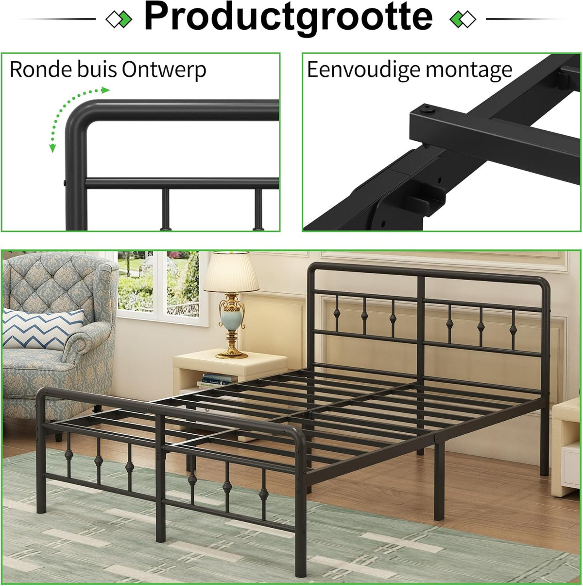 EMODA Metalen Bed Frame 160 x 200 cm met vintage style Hoofdeinde en Voetenbord, Heavy Duty Bedframe 36cm hoog met stalen lattenbodem, Eenvoudige montage, Geluidsvrij, Zwart