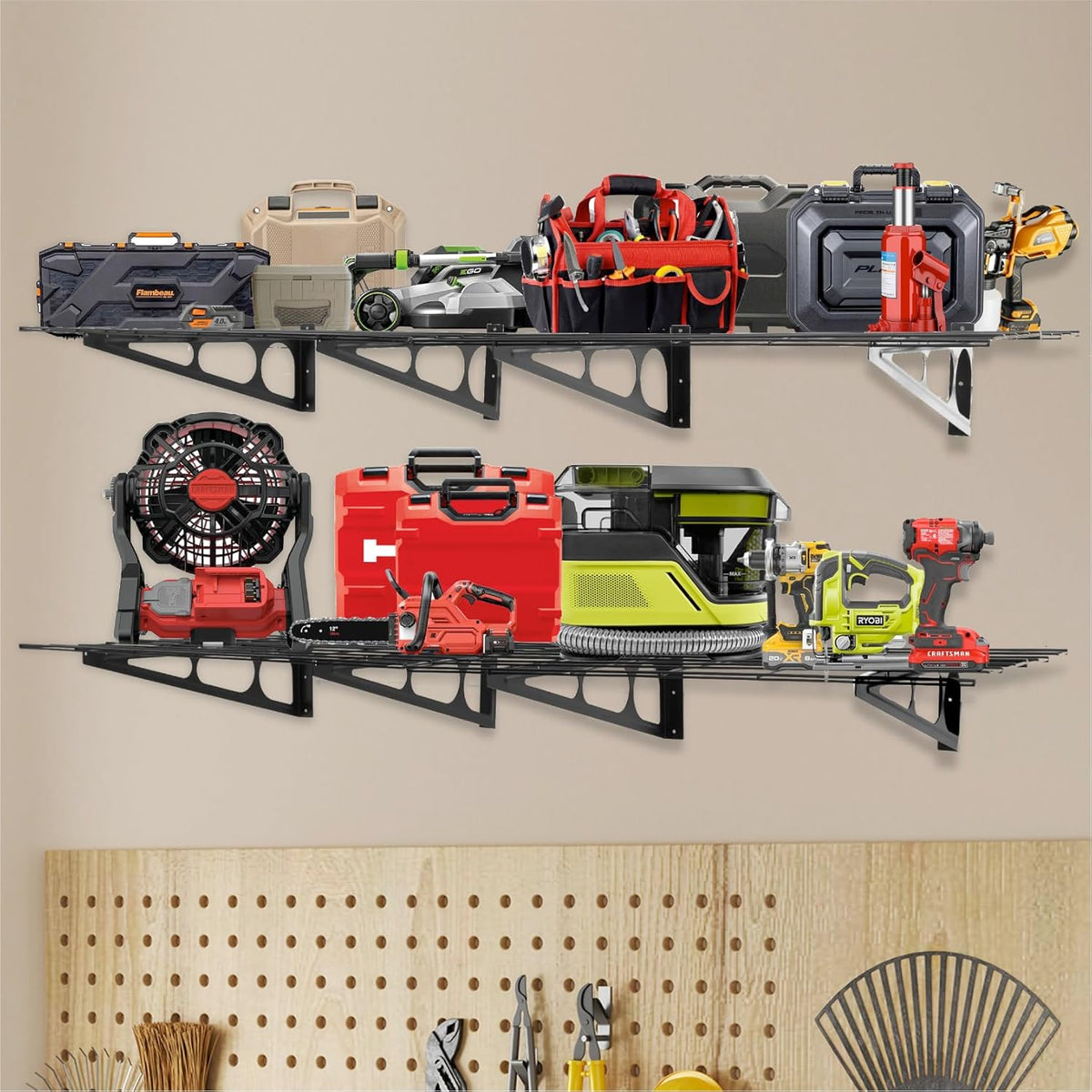 Sinoer 2-pack 2x6ft Garage Stellingen Met Haken, 61cm-bij-183cm Metalen Wandplank Opslag Rek Planken, voor Winkel, Schuur Opslag