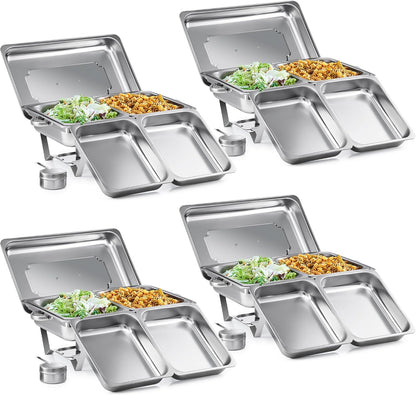 Wilprep Verdeelbakken chafing dish set van 2 bakken GN 1/2 RVS, 4 stuks 9L buffetwarmers met 8 halve maat bakken, brandpasta houders, 4 deksel opvouwbare frames, voor feesten buffetten diners