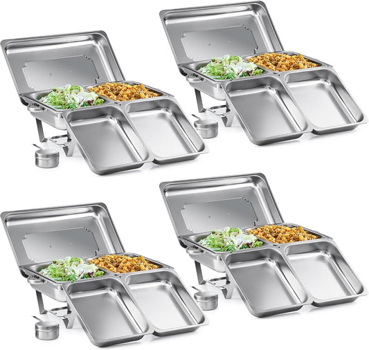 Wilprep Verdeelbakken chafing dish set van 2 bakken GN 1/2 RVS, 4 stuks 9L buffetwarmers met 8 halve maat bakken, brandpasta houders, 4 deksel opvouwbare frames, voor feesten buffetten diners