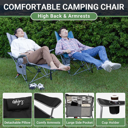 #WEJOY 2-in-1 campingstoel, opvouwbaar met voetensteun, gevoerde ligstoel met verstelbare rugleuning, relaxstoel, ligstoel met bekerhouder, ligstoel voor outdoor, camping, zwart, set van 2
