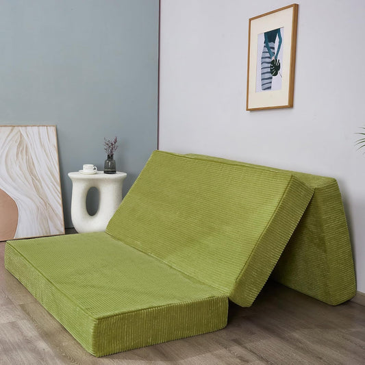MAXYOYO Opvouwbare corduroy matras, drievoudig gevouwen vloermat, dik, met wasbare overtrek, ruimtebesparend voor gasten (olijf, 135 x 190 cm - 10 cm)