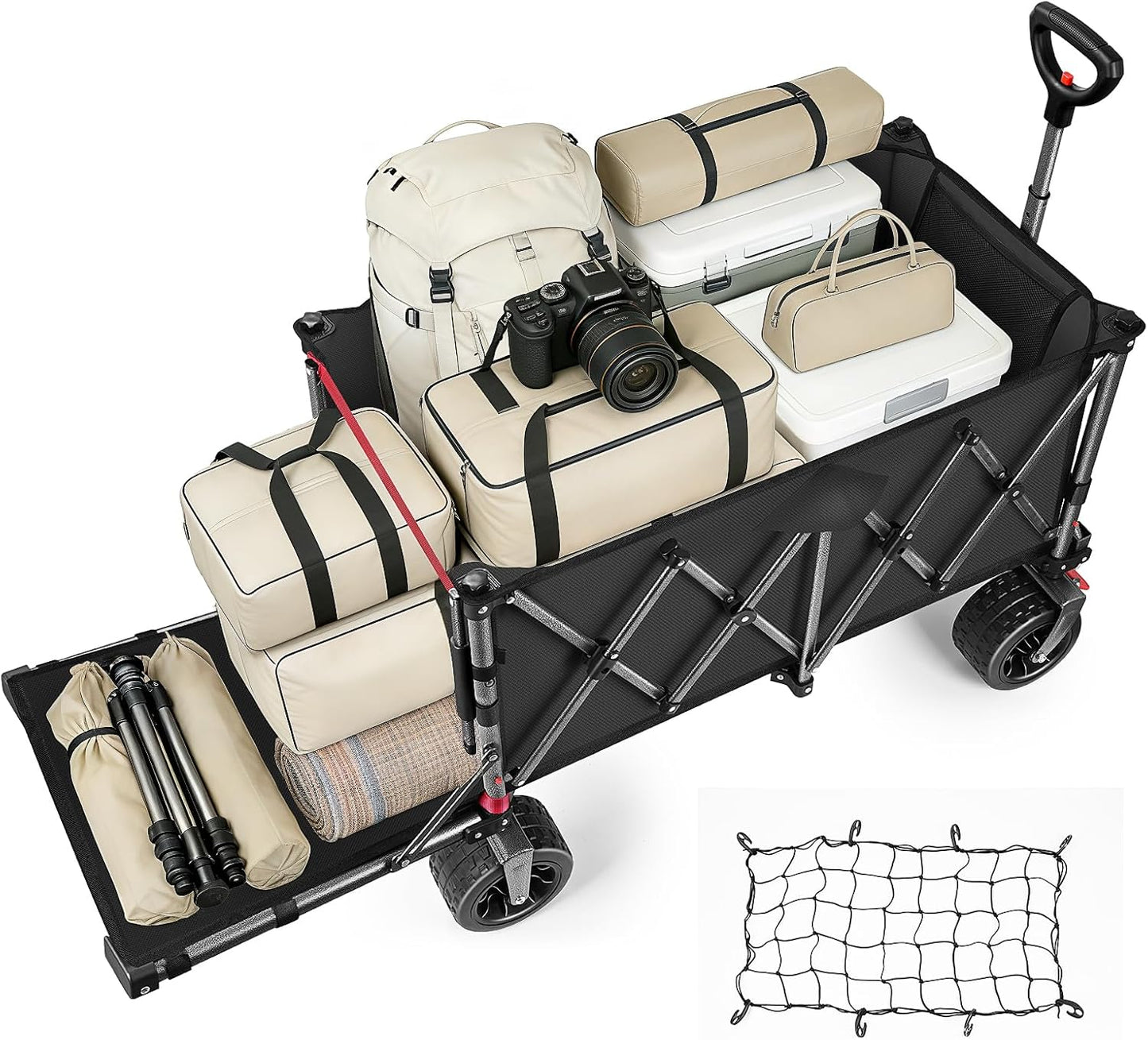 Heavy Duty opvouwbare campingwagenwagen, 120-160L capaciteit all-terrain strandtrolley met 10 inch wielen, inklapbare festival- en tuingereedschapskar