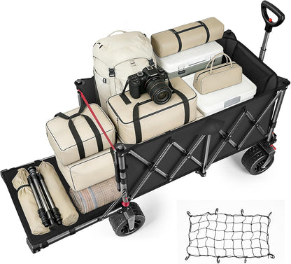 Heavy Duty opvouwbare campingwagenwagen, 120-160L capaciteit all-terrain strandtrolley met 10 inch wielen, inklapbare festival- en tuingereedschapskar